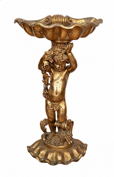 Gilded and carved wooden planter in the form of a shell supported by a putto, 19th century
