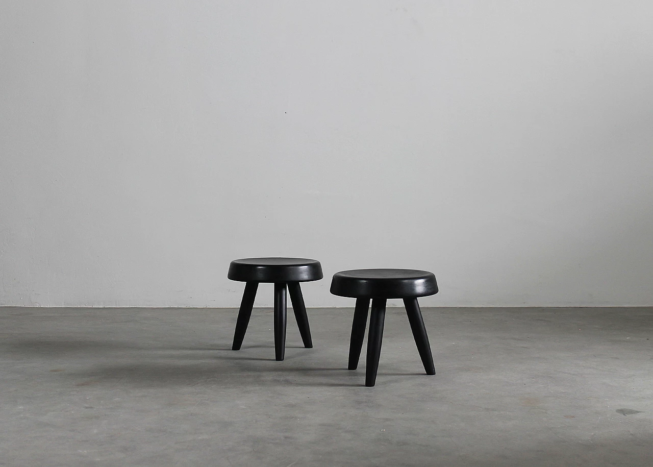 Pair of black wooden stools in the style of Charlotte Perriand, 1950s 1
