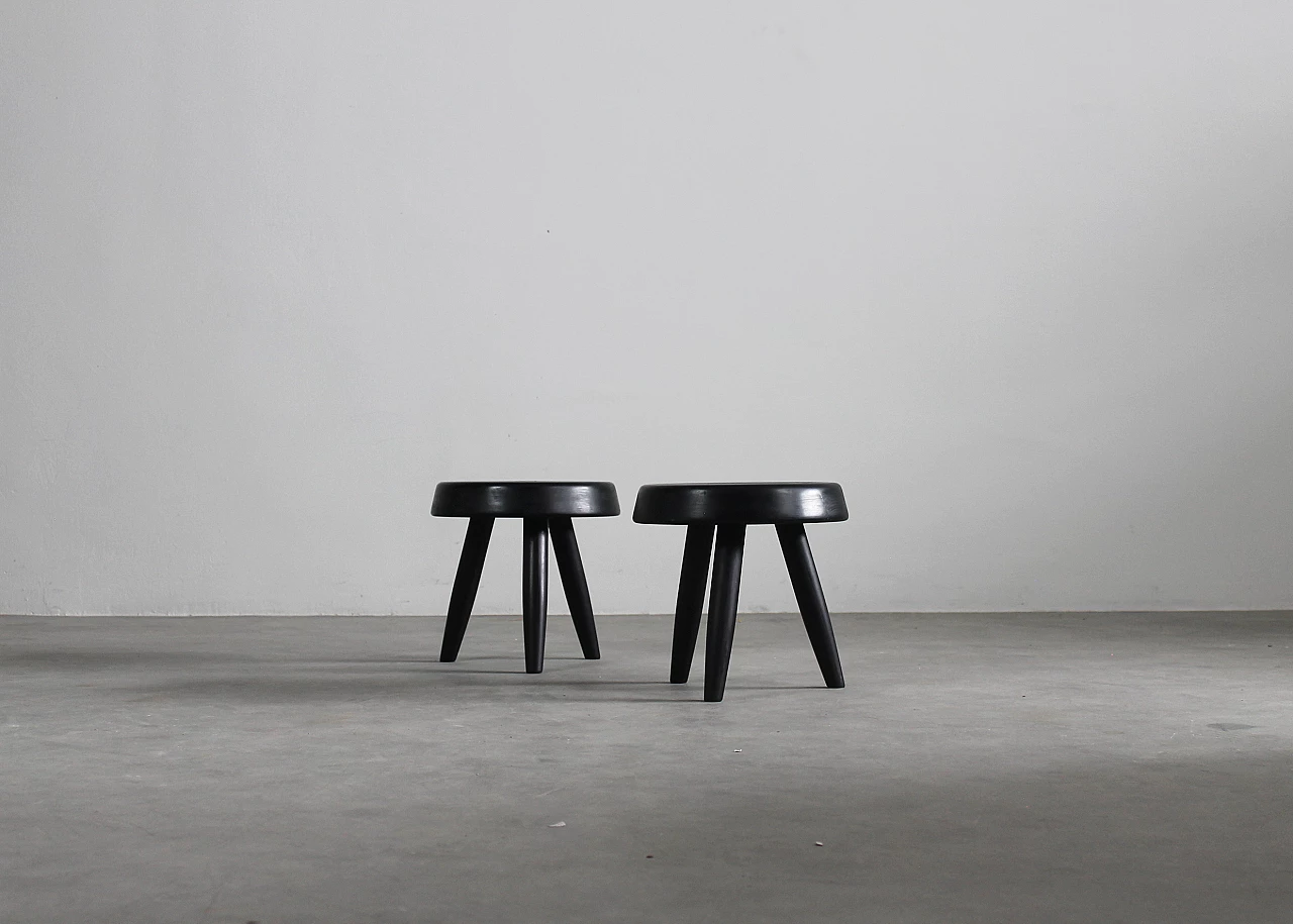 Pair of black wooden stools in the style of Charlotte Perriand, 1950s 2