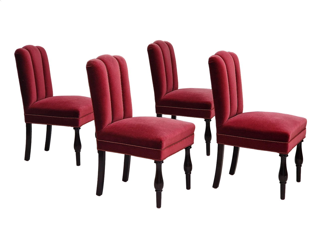 4 Danish oak chairs with cherry red velvet upholstery, 1950s 26