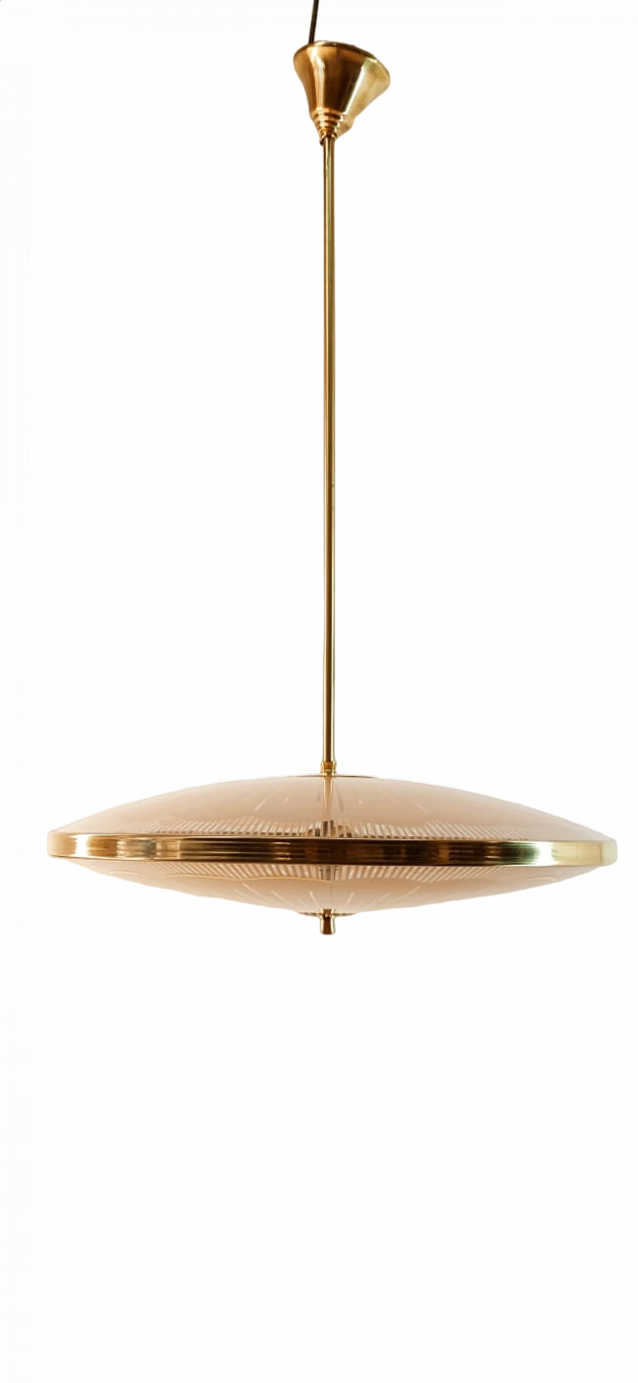 Brass chandelier with salmon-pink double glass, 1940s 22