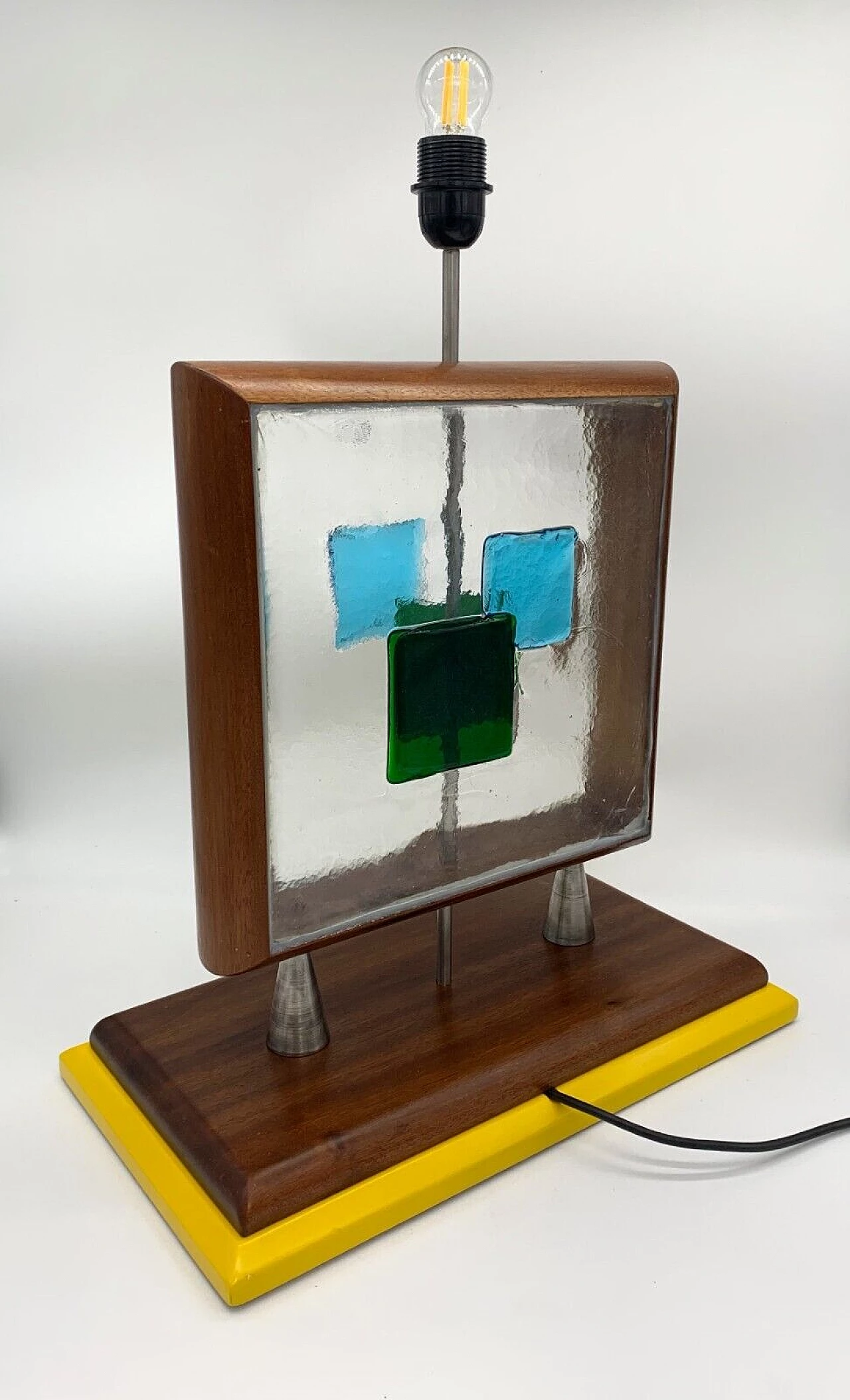 Lampada da tavolo in metallo, legno e vetro di Febo, anni '70 5