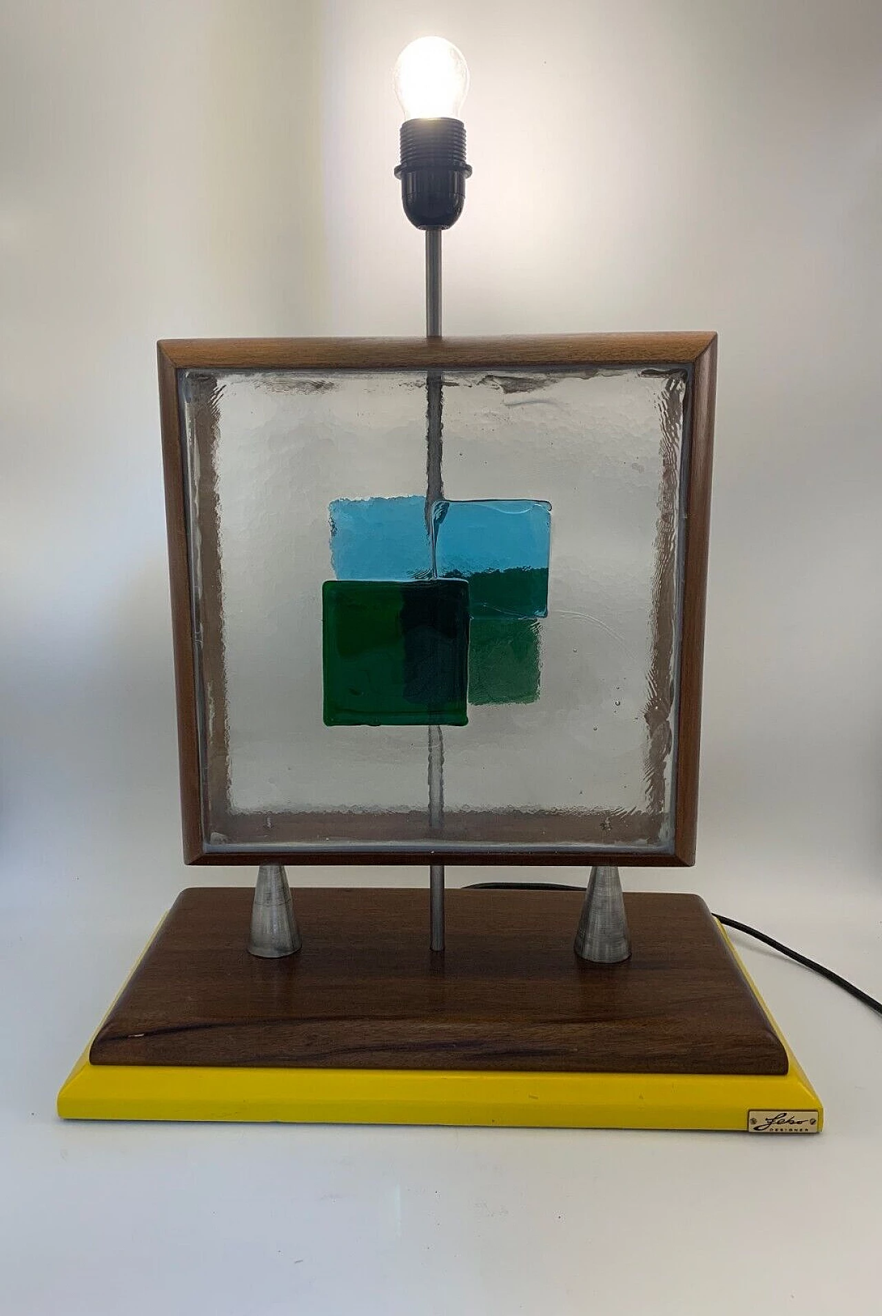 Lampada da tavolo in metallo, legno e vetro di Febo, anni '70 8