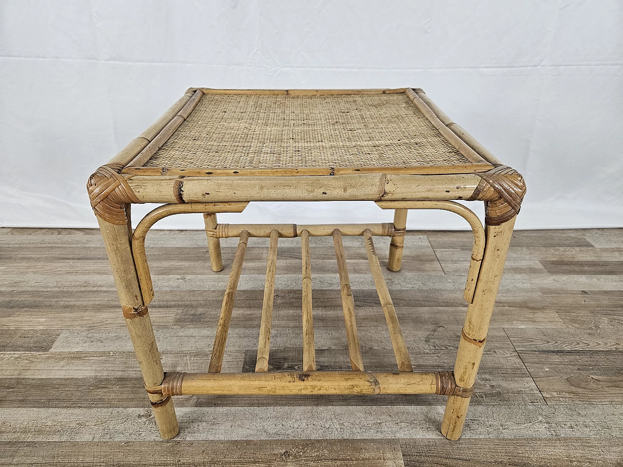 Wicker coffee table with double shelf, 1970s 1