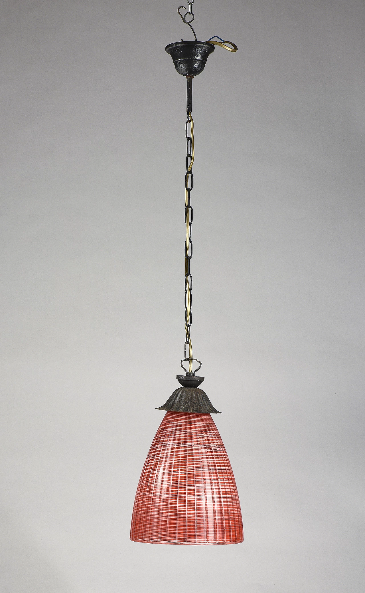 Metal and red glass hanging lamp, 1970s 3