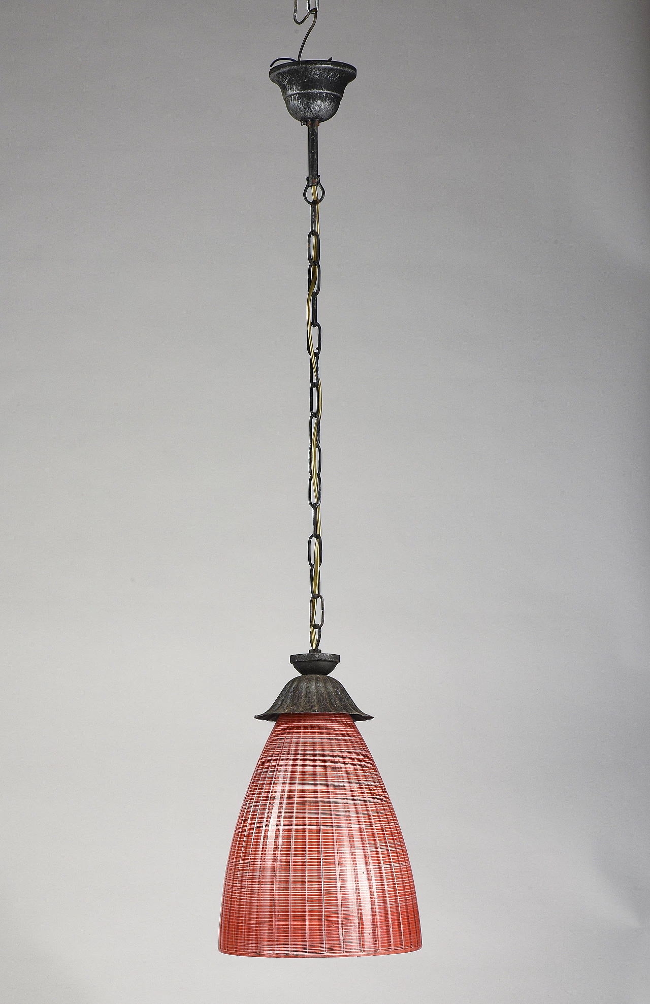 Metal and red glass hanging lamp, 1970s 4