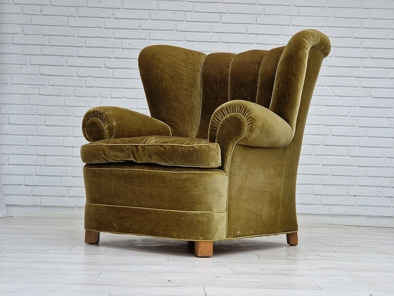 Danish green velvet and beech armchair, 1960s 1
