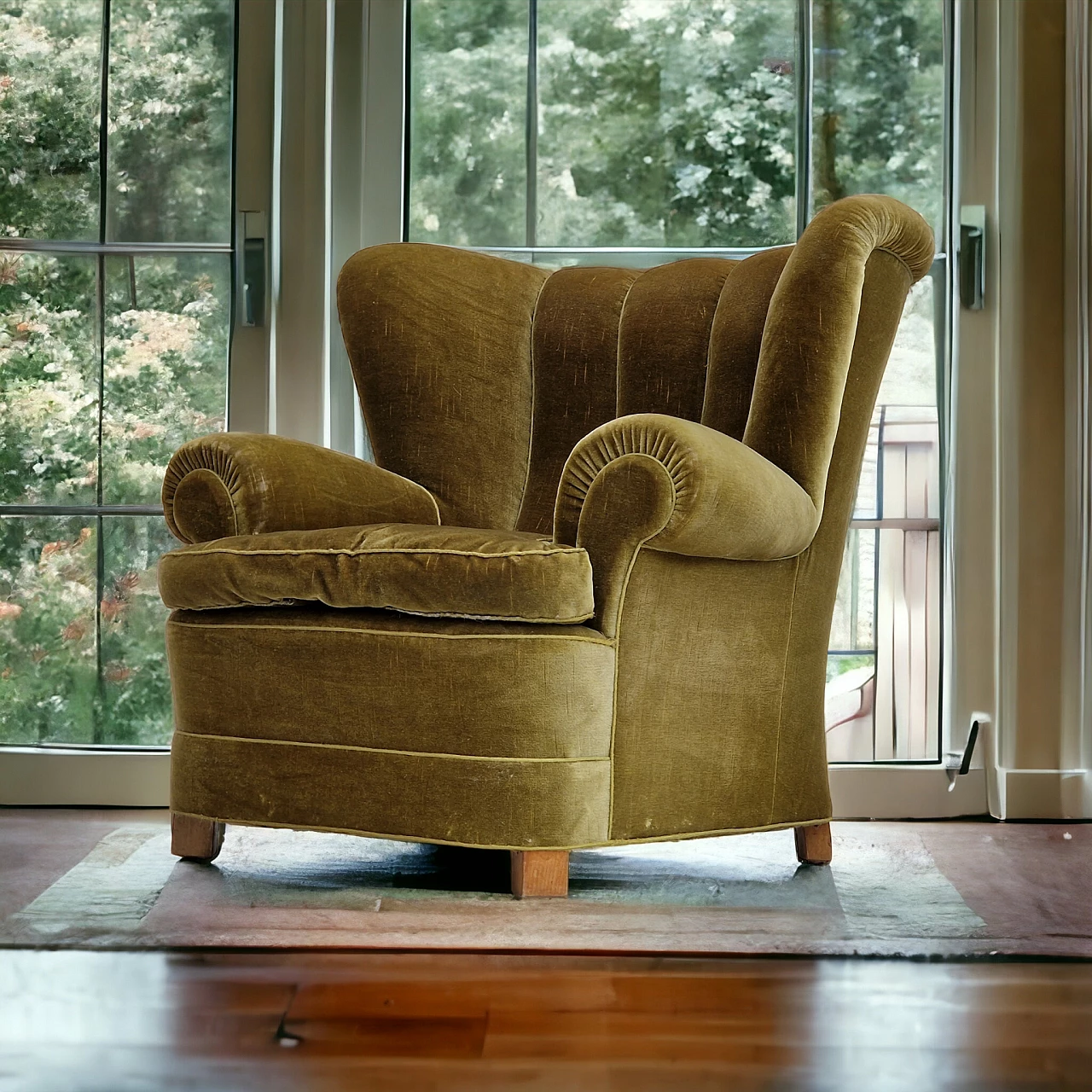 Danish green velvet and beech armchair, 1960s 22