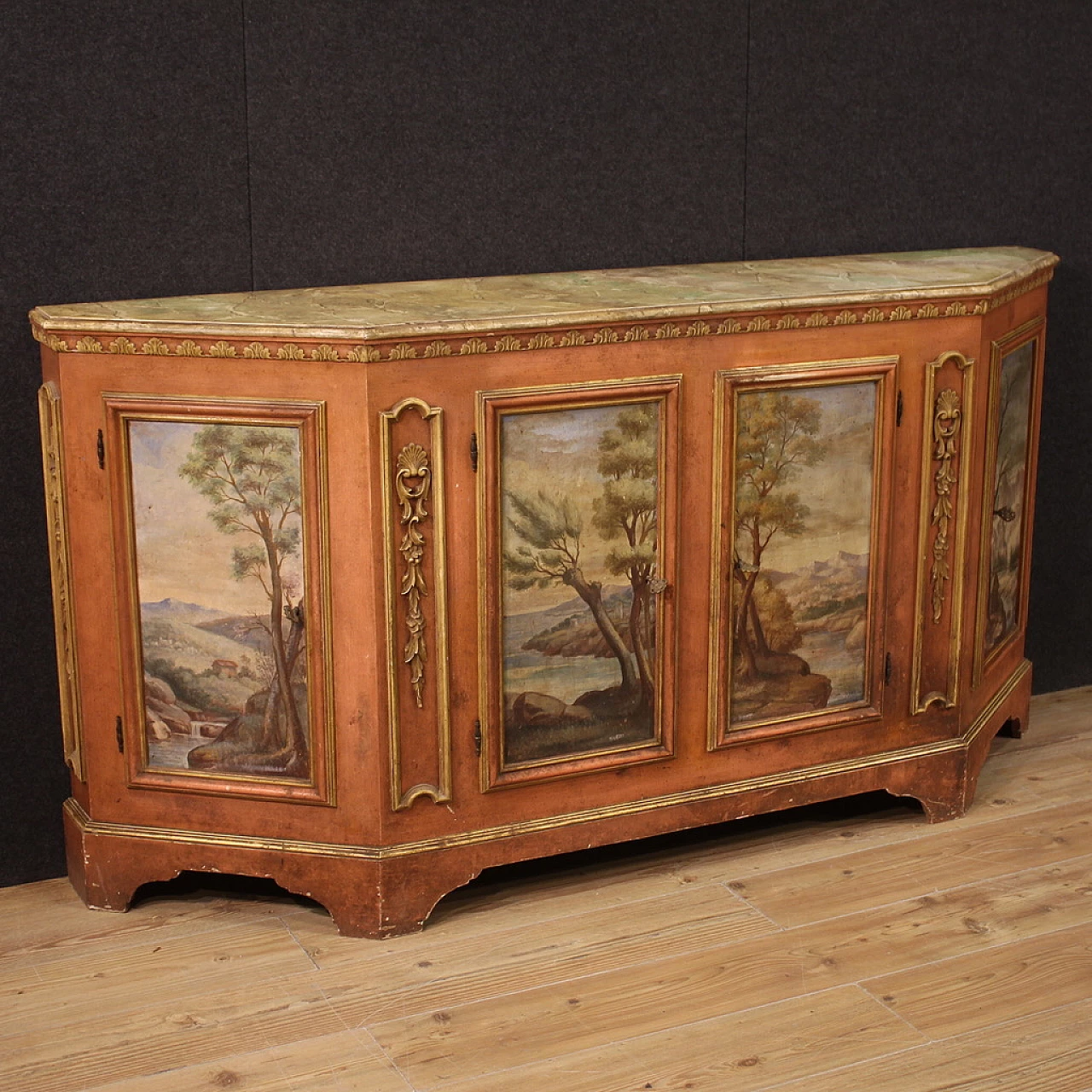 Credenza veneta in legno con paesaggi dipinti, anni '50 1