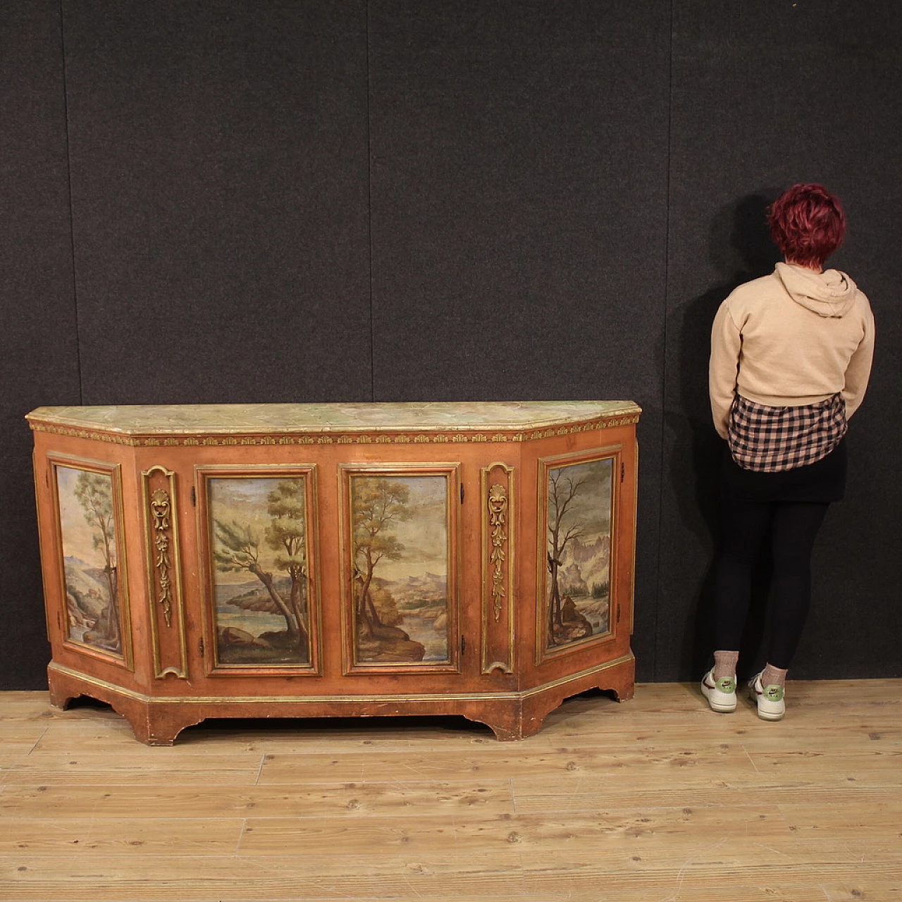 Credenza veneta in legno con paesaggi dipinti, anni '50 2