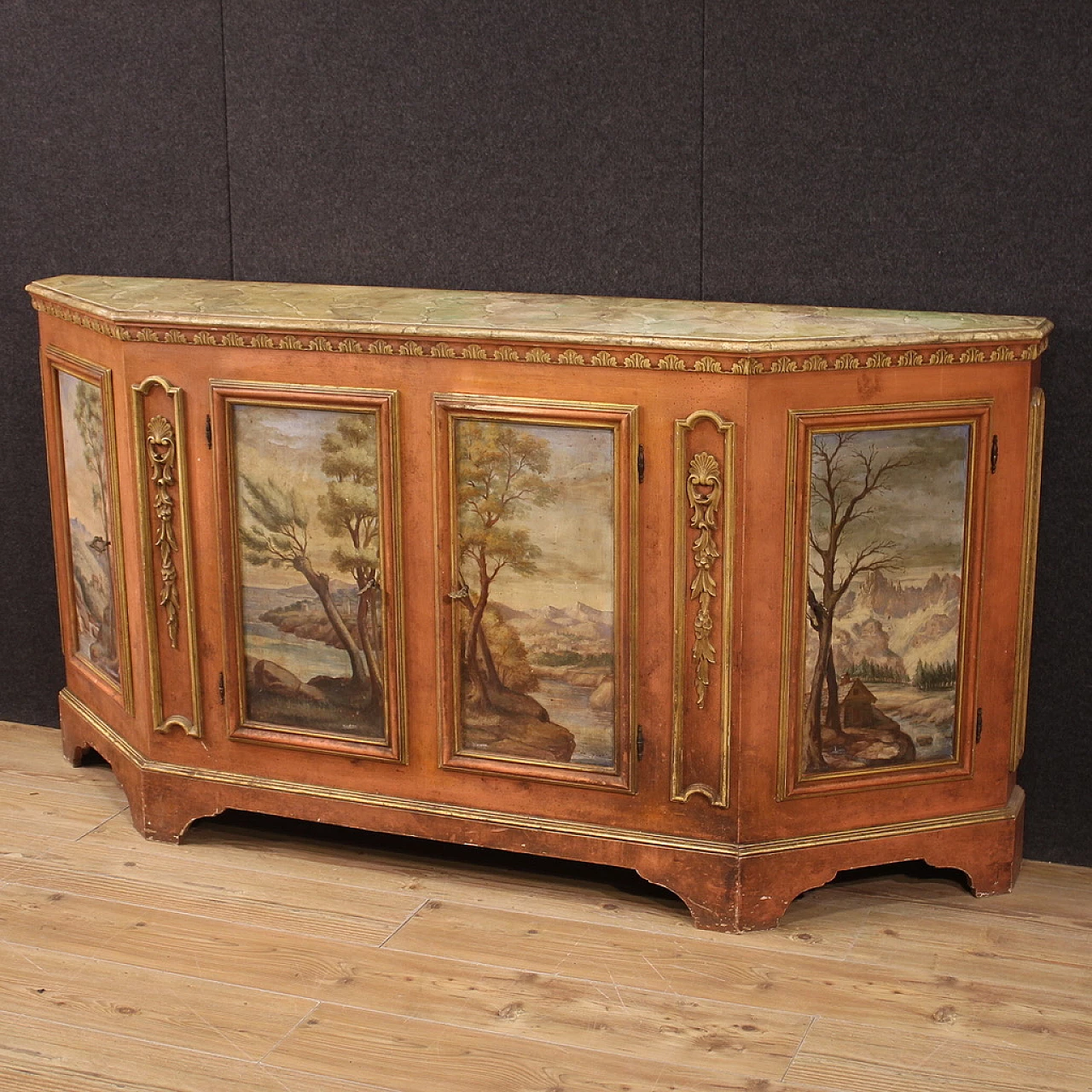 Venetian wood sideboard with painted landscapes, 1950s 3