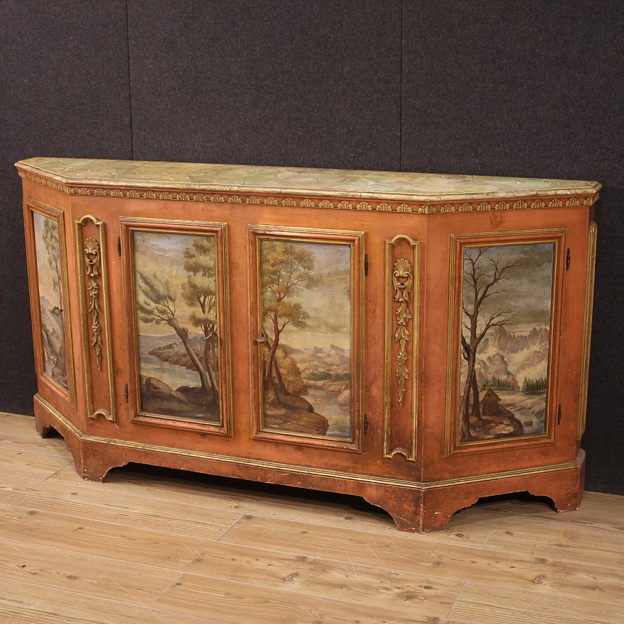 Credenza veneta in legno con paesaggi dipinti, anni '50 3