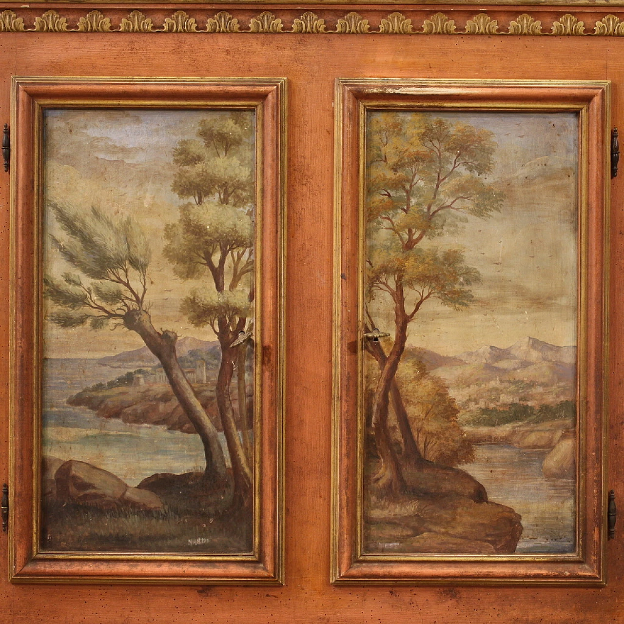 Credenza veneta in legno con paesaggi dipinti, anni '50 4