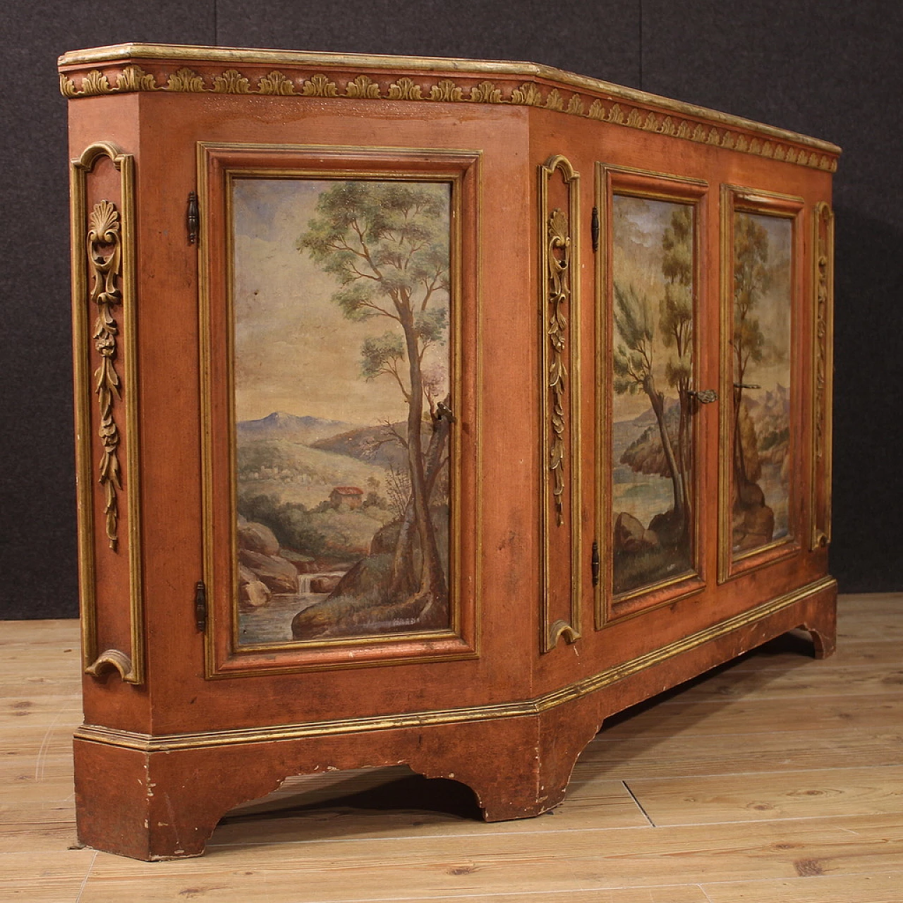 Credenza veneta in legno con paesaggi dipinti, anni '50 5