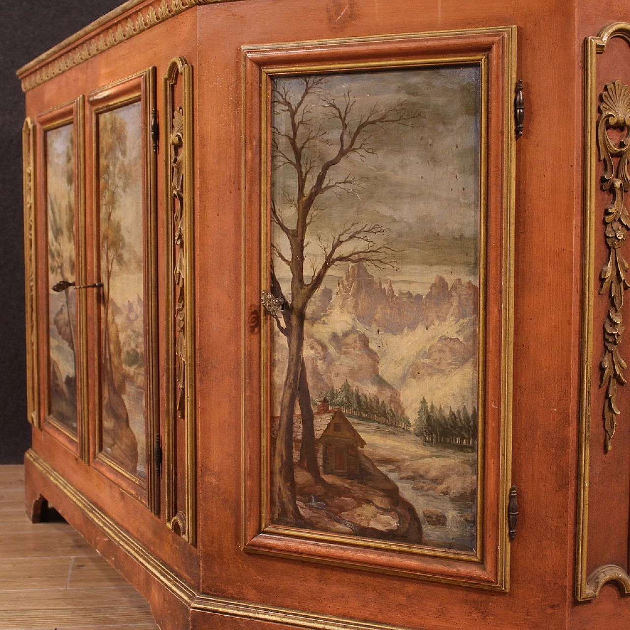 Credenza veneta in legno con paesaggi dipinti, anni '50 9