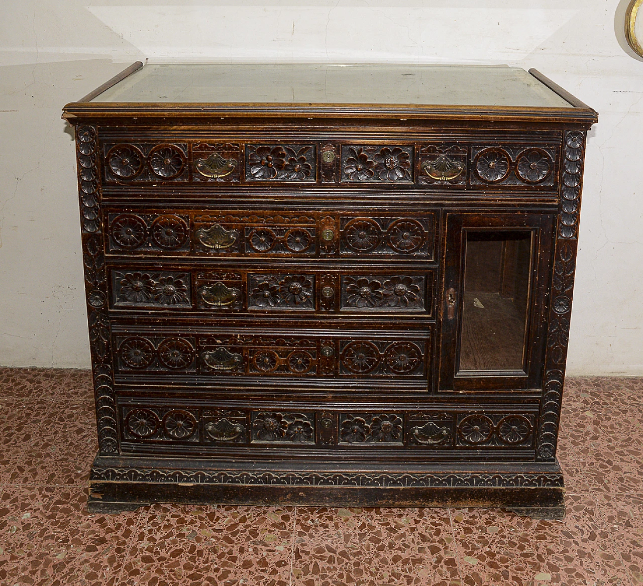 Solid carved and sculpted walnut dresser with glass top, late 19th century 1