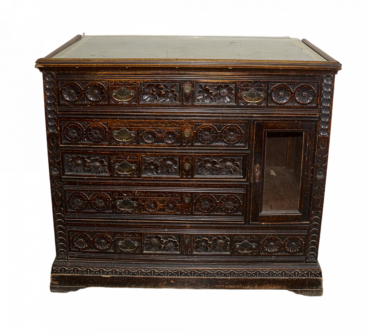 Solid carved and sculpted walnut dresser with glass top, late 19th century 9