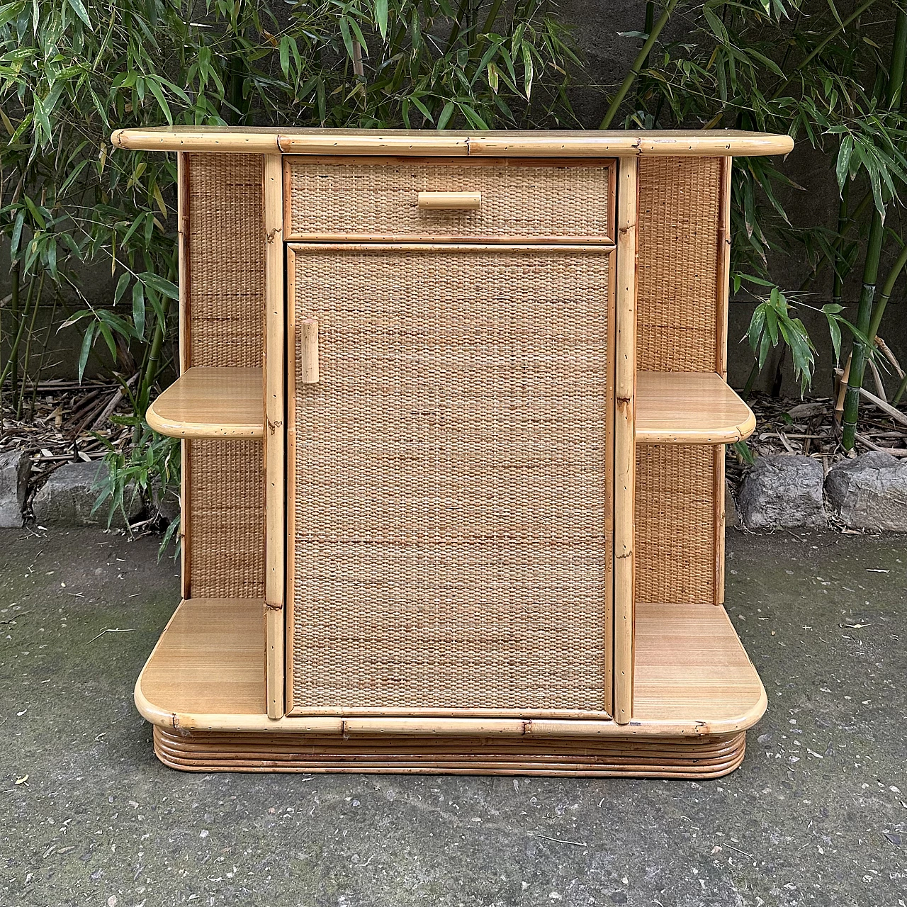 Bamboo and wicker console with drawer and door, 1970s 1