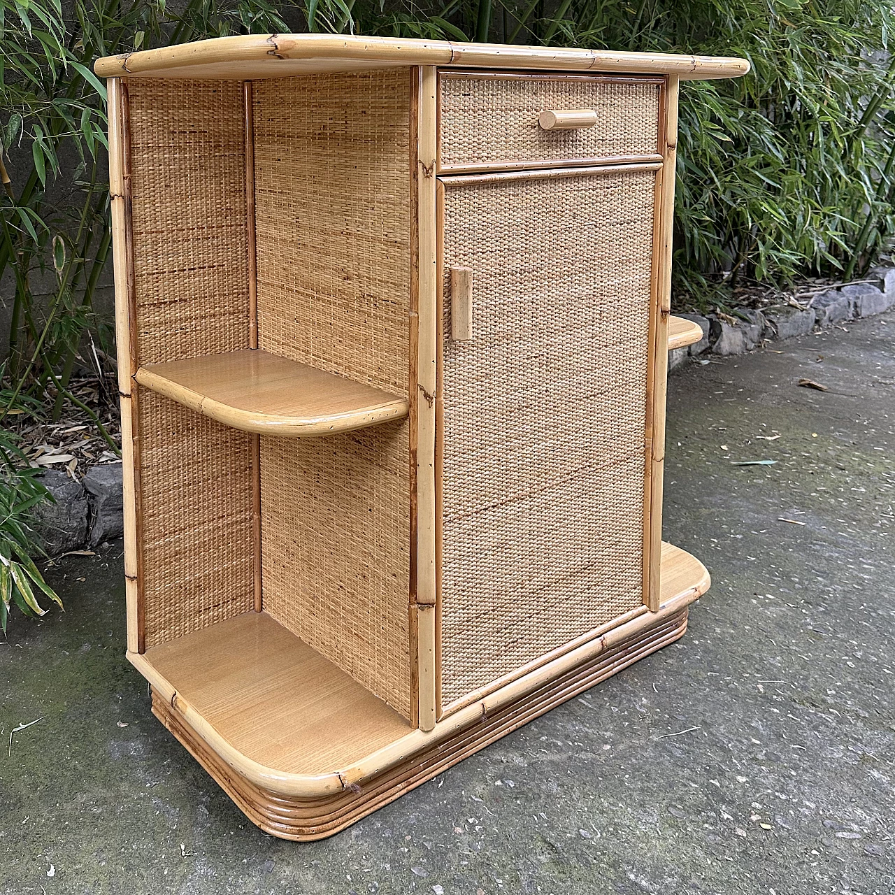 Bamboo and wicker console with drawer and door, 1970s 2