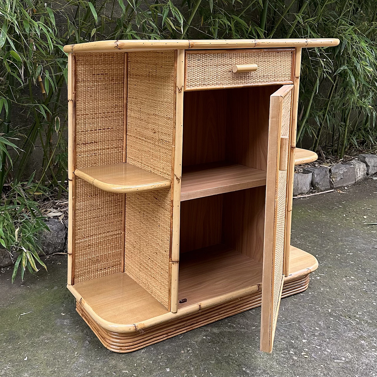 Bamboo and wicker console with drawer and door, 1970s 3
