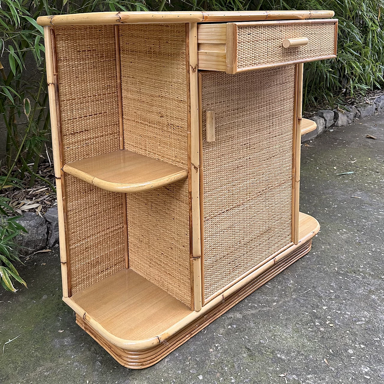 Bamboo and wicker console with drawer and door, 1970s 4
