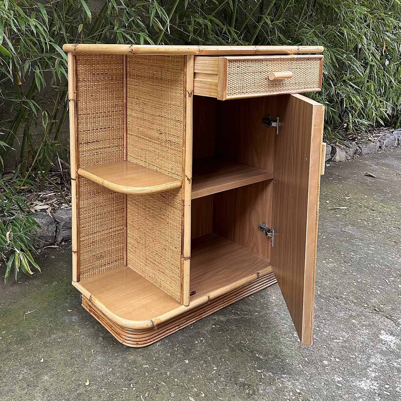 Bamboo and wicker console with drawer and door, 1970s 5