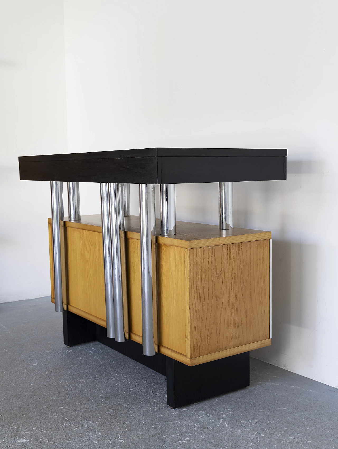 Ash bar cabinet with glass shelves with pair of stools, 1960s 1