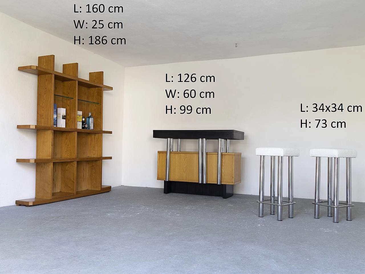 Ash bar cabinet with glass shelves with pair of stools, 1960s 5