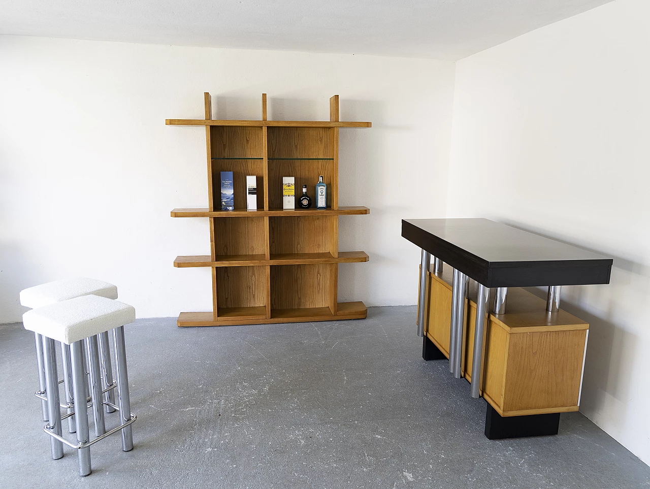 Ash bar cabinet with glass shelves with pair of stools, 1960s 6