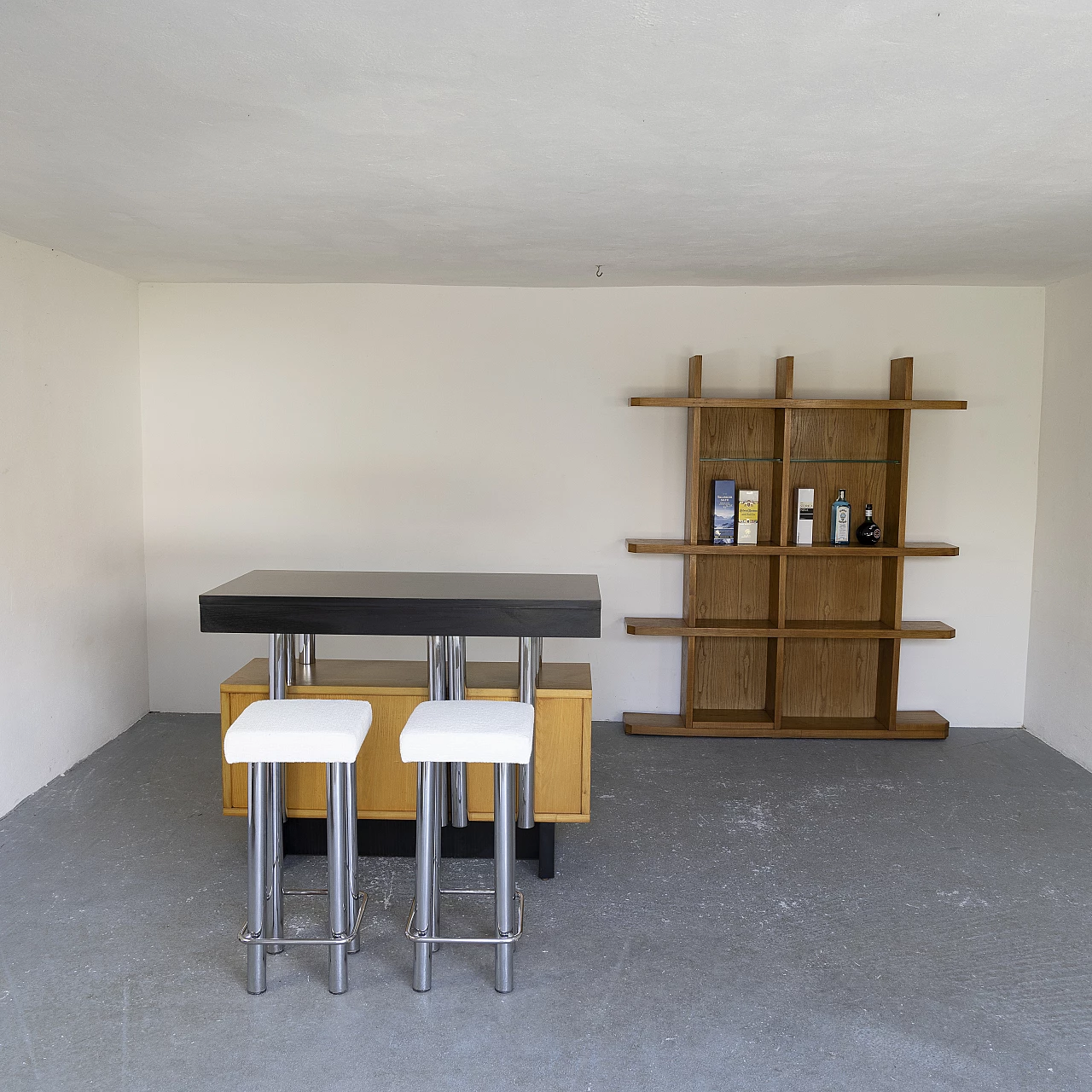 Ash bar cabinet with glass shelves with pair of stools, 1960s 7