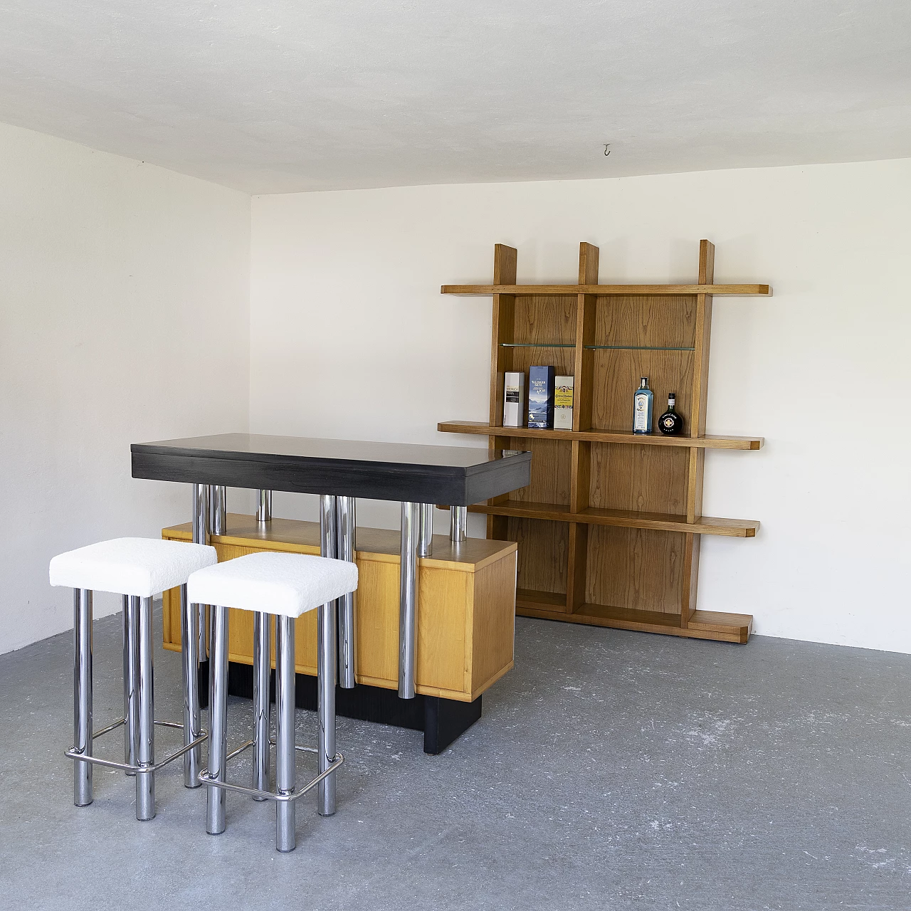 Ash bar cabinet with glass shelves with pair of stools, 1960s 9