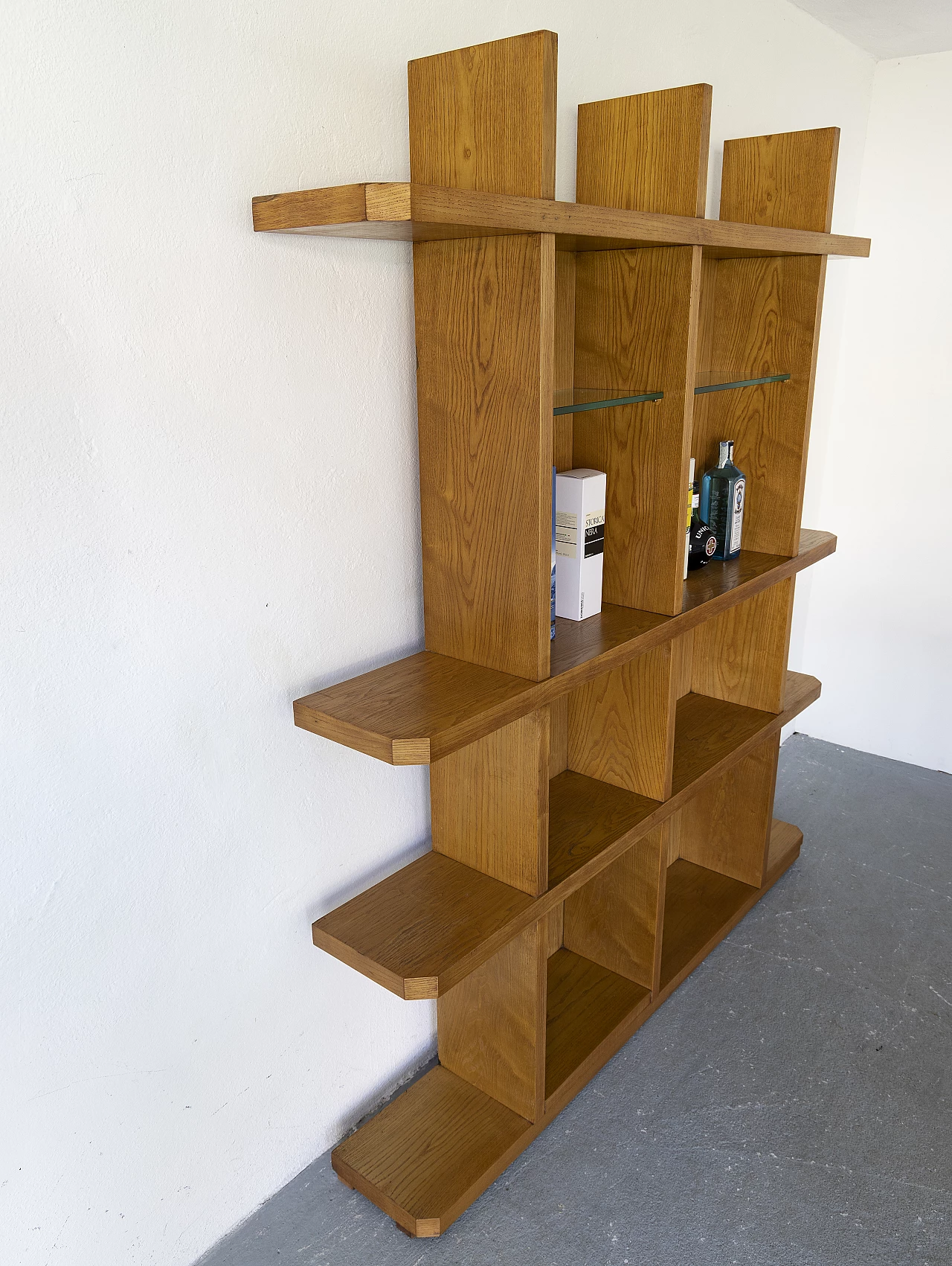Ash bar cabinet with glass shelves with pair of stools, 1960s 11