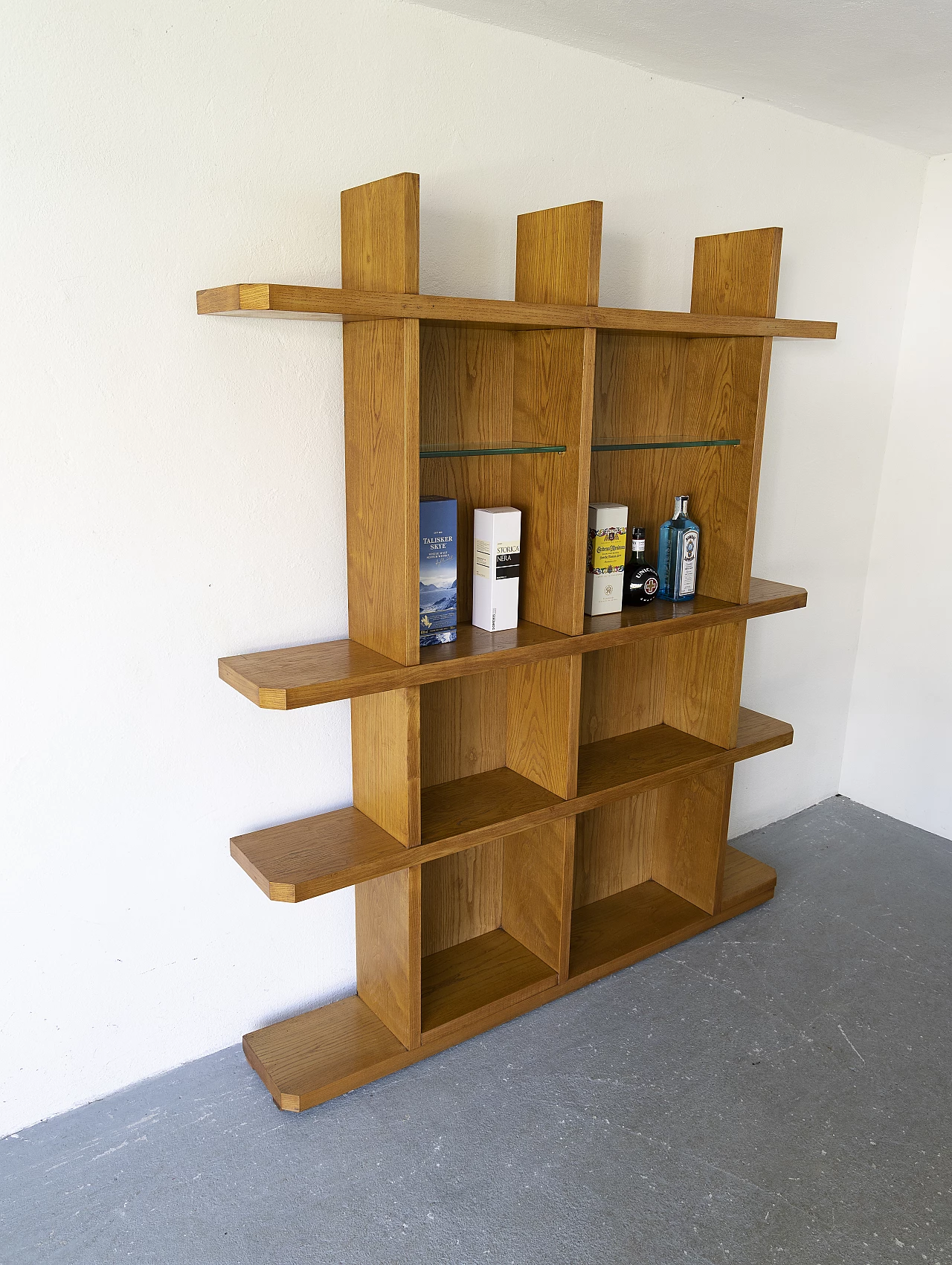 Ash bar cabinet with glass shelves with pair of stools, 1960s 12