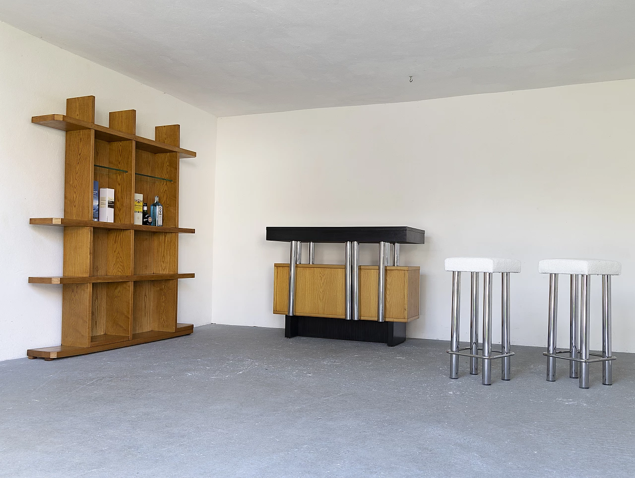 Ash bar cabinet with glass shelves with pair of stools, 1960s 13