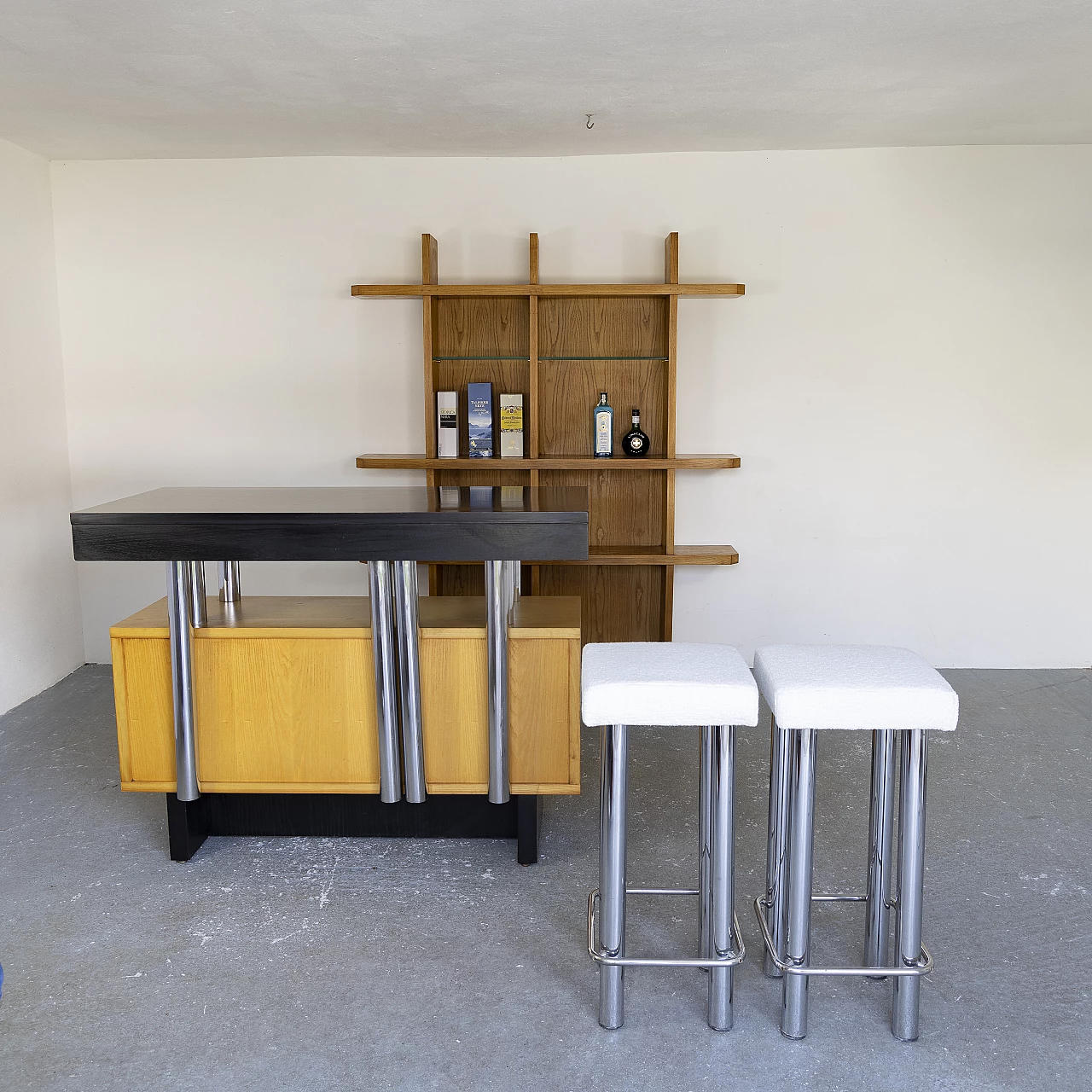 Ash bar cabinet with glass shelves with pair of stools, 1960s 14