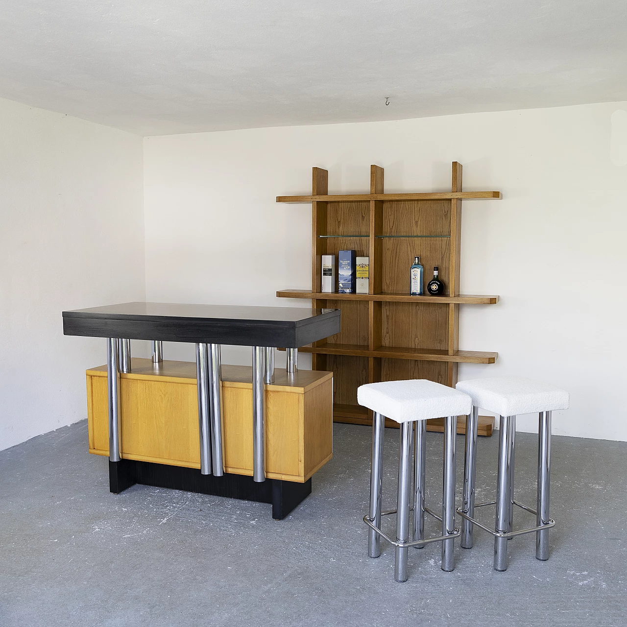 Ash bar cabinet with glass shelves with pair of stools, 1960s 15