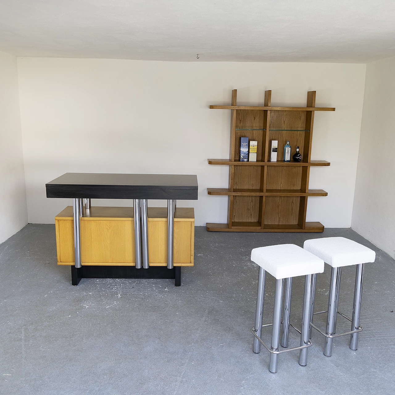 Ash bar cabinet with glass shelves with pair of stools, 1960s 16