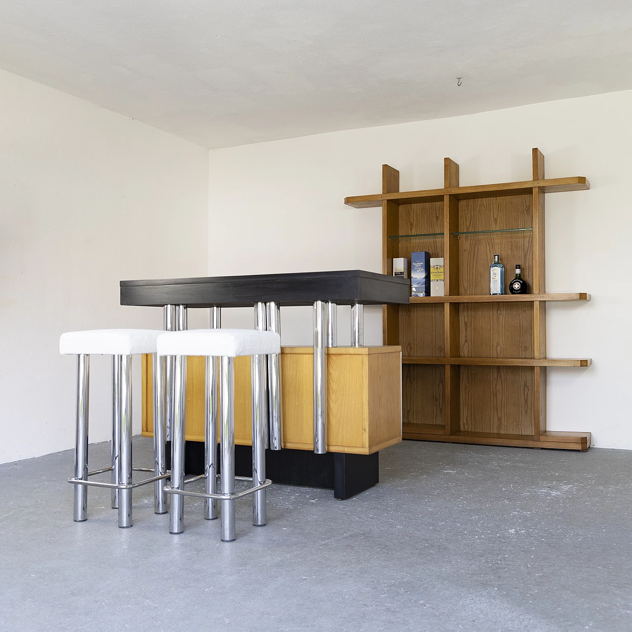 Ash bar cabinet with glass shelves with pair of stools, 1960s 20