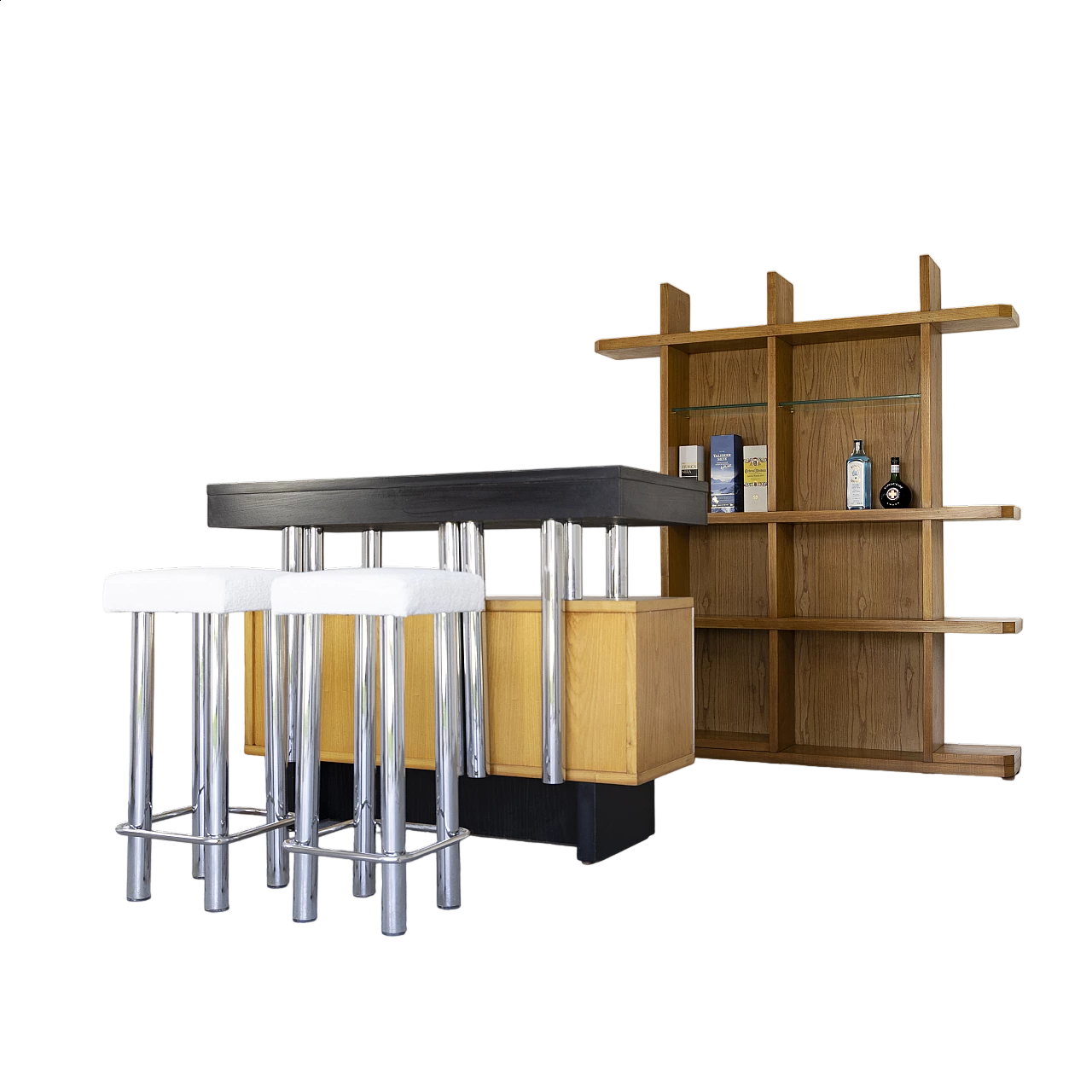 Ash bar cabinet with glass shelves with pair of stools, 1960s 21