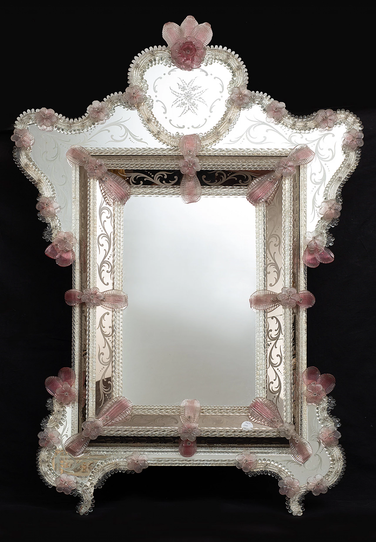 Specchio stile Luigi XV in vetro di Murano trasparente e rosa, inizio '900 1