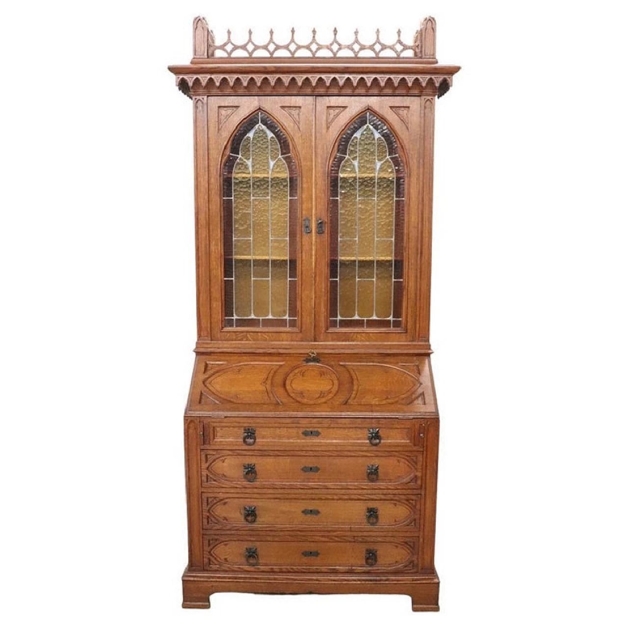 Gothic style solid chestnut trumeau, early 20th century 1