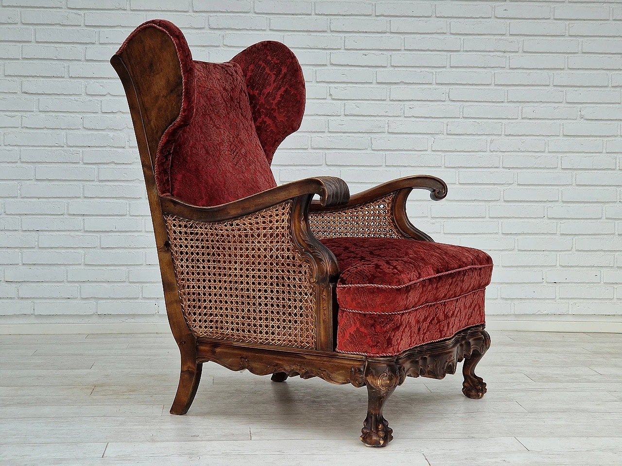 Danish ash and red velvet armchair, 1930s 1