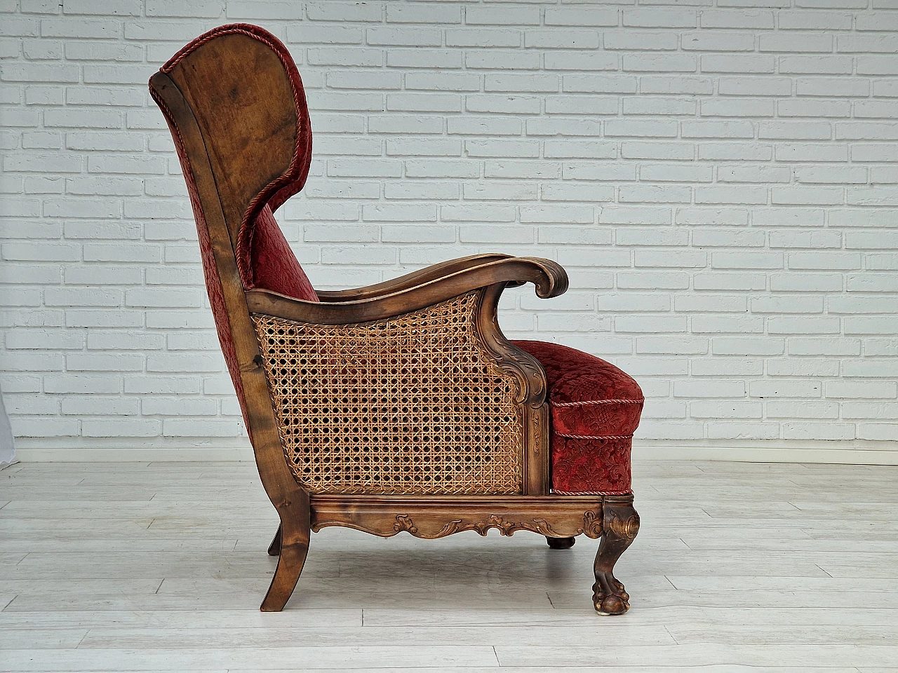 Danish ash and red velvet armchair, 1930s 3