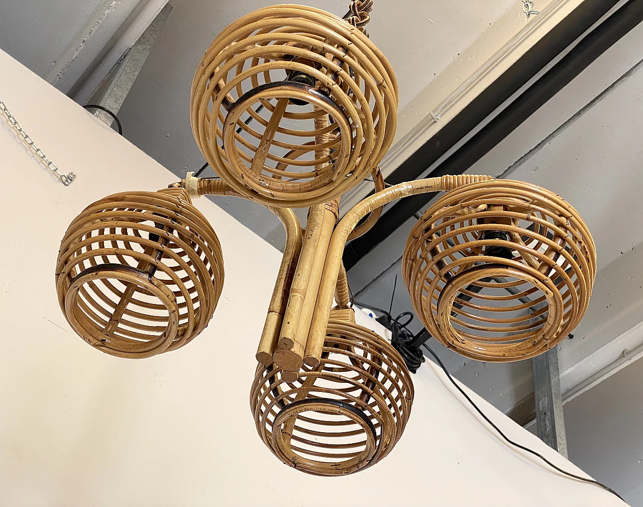 Lampadario a quattro luci in bambù, anni '70 10