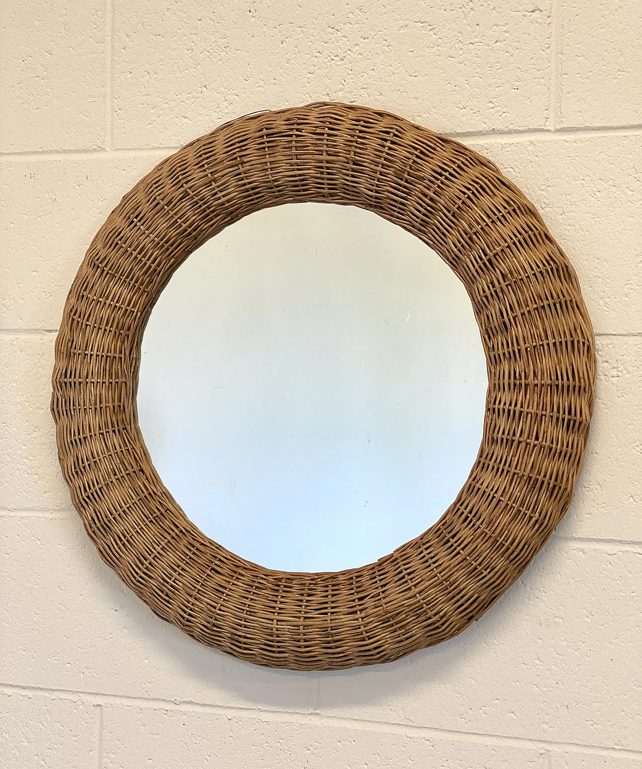 Specchio rotondo in vimini e bambù, anni '80 1