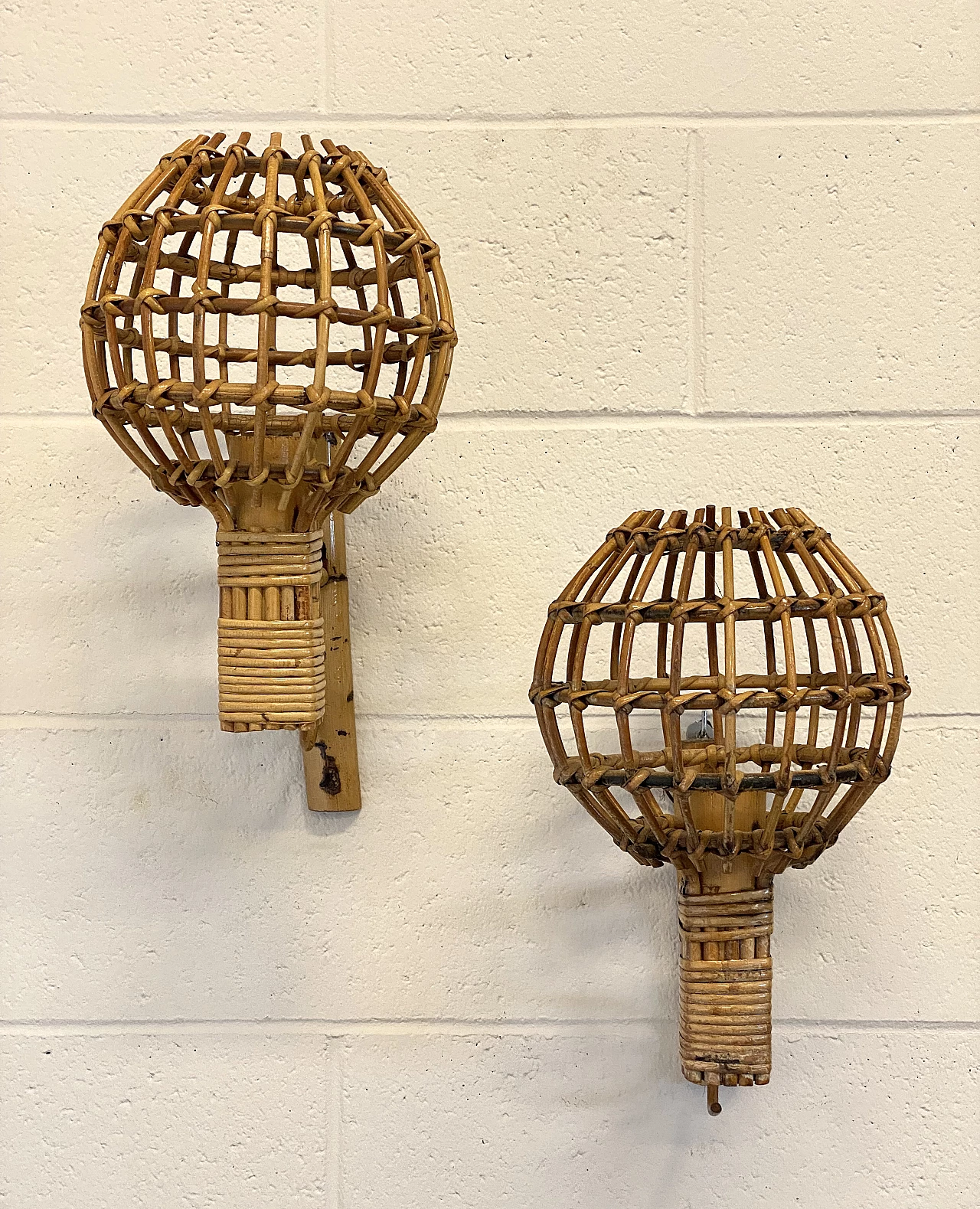 Pair of wicker and bamboo wall lamps, 1970s 2