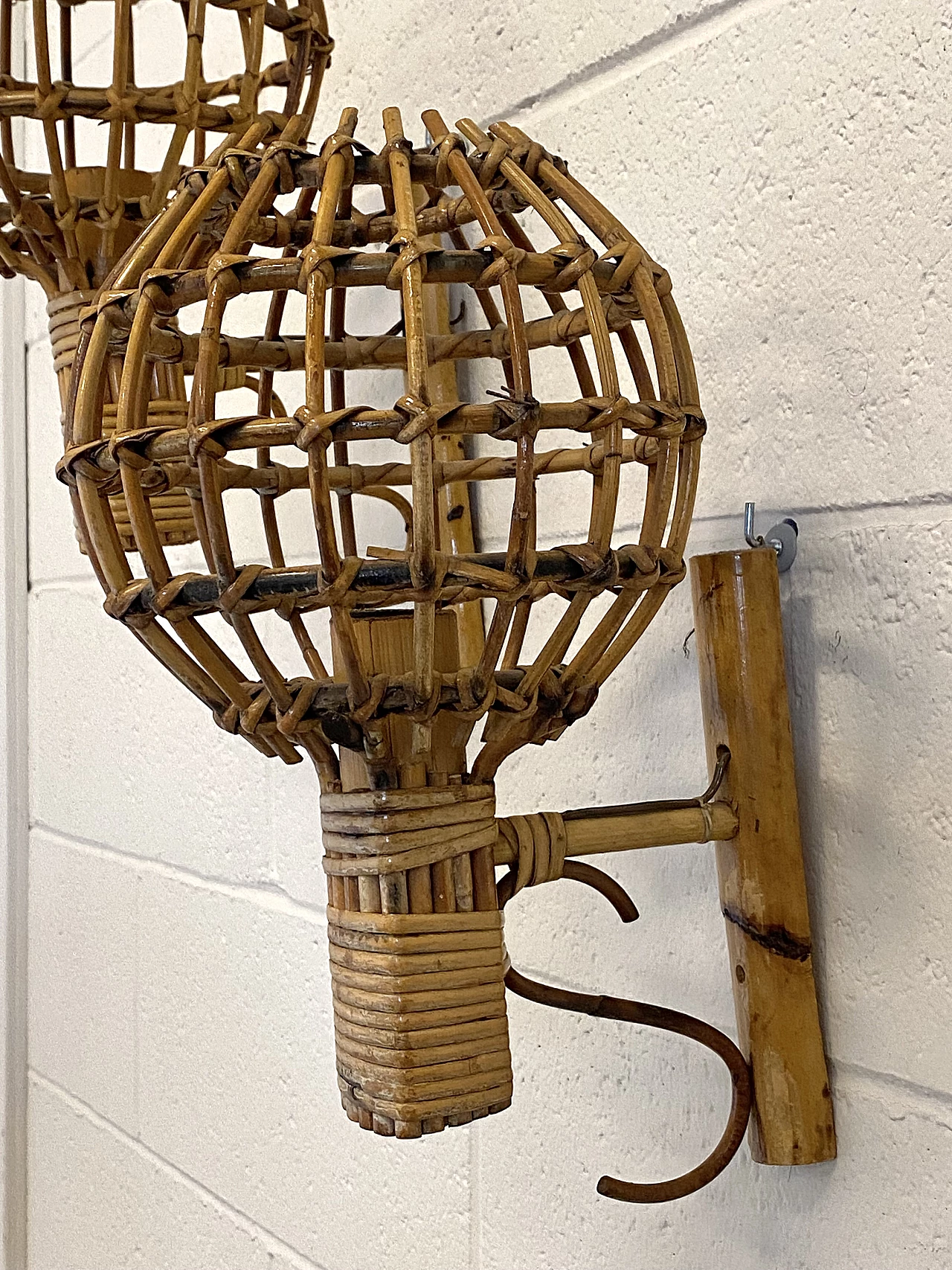 Pair of wicker and bamboo wall lamps, 1970s 3