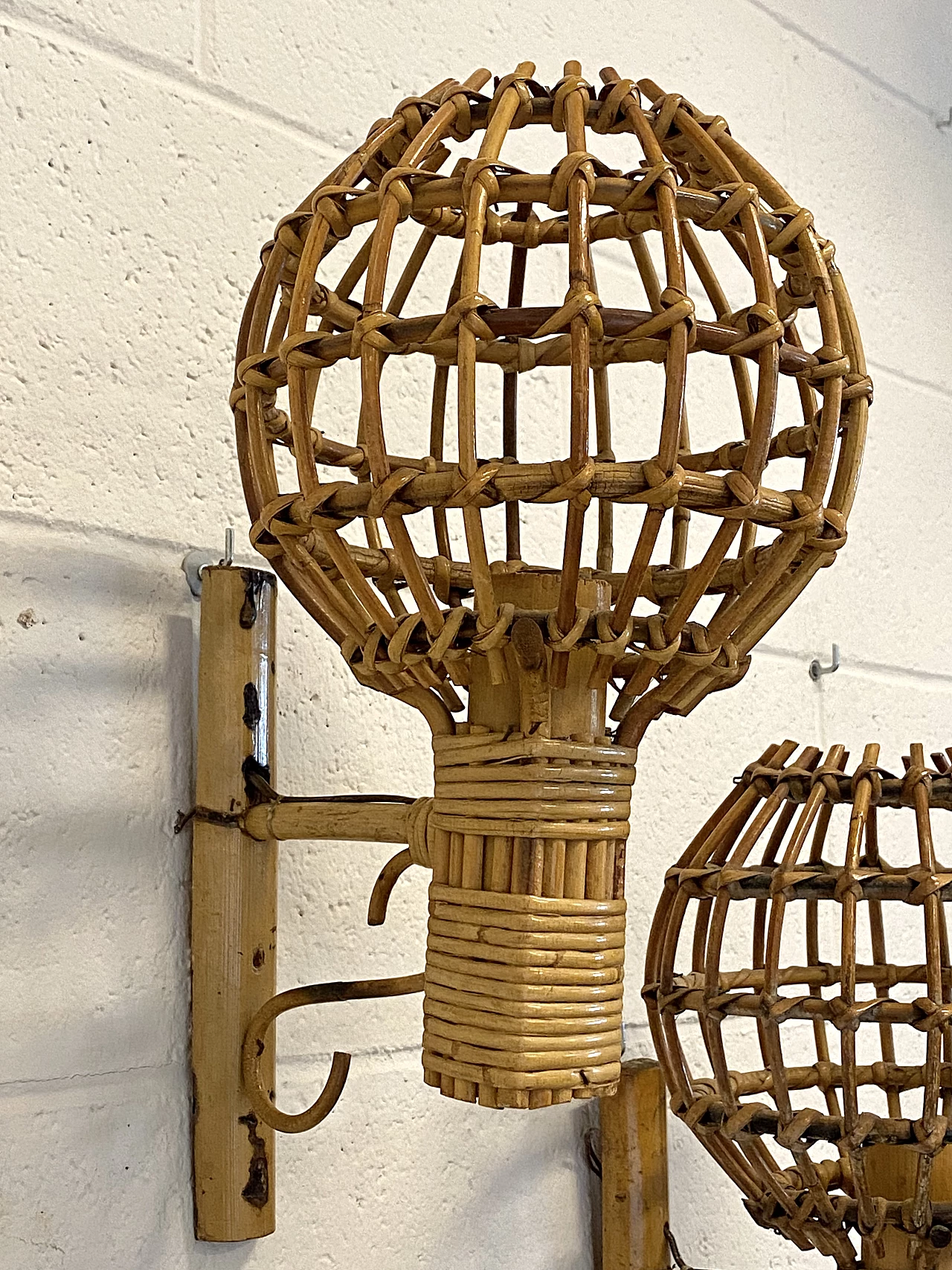 Pair of wicker and bamboo wall lamps, 1970s 4