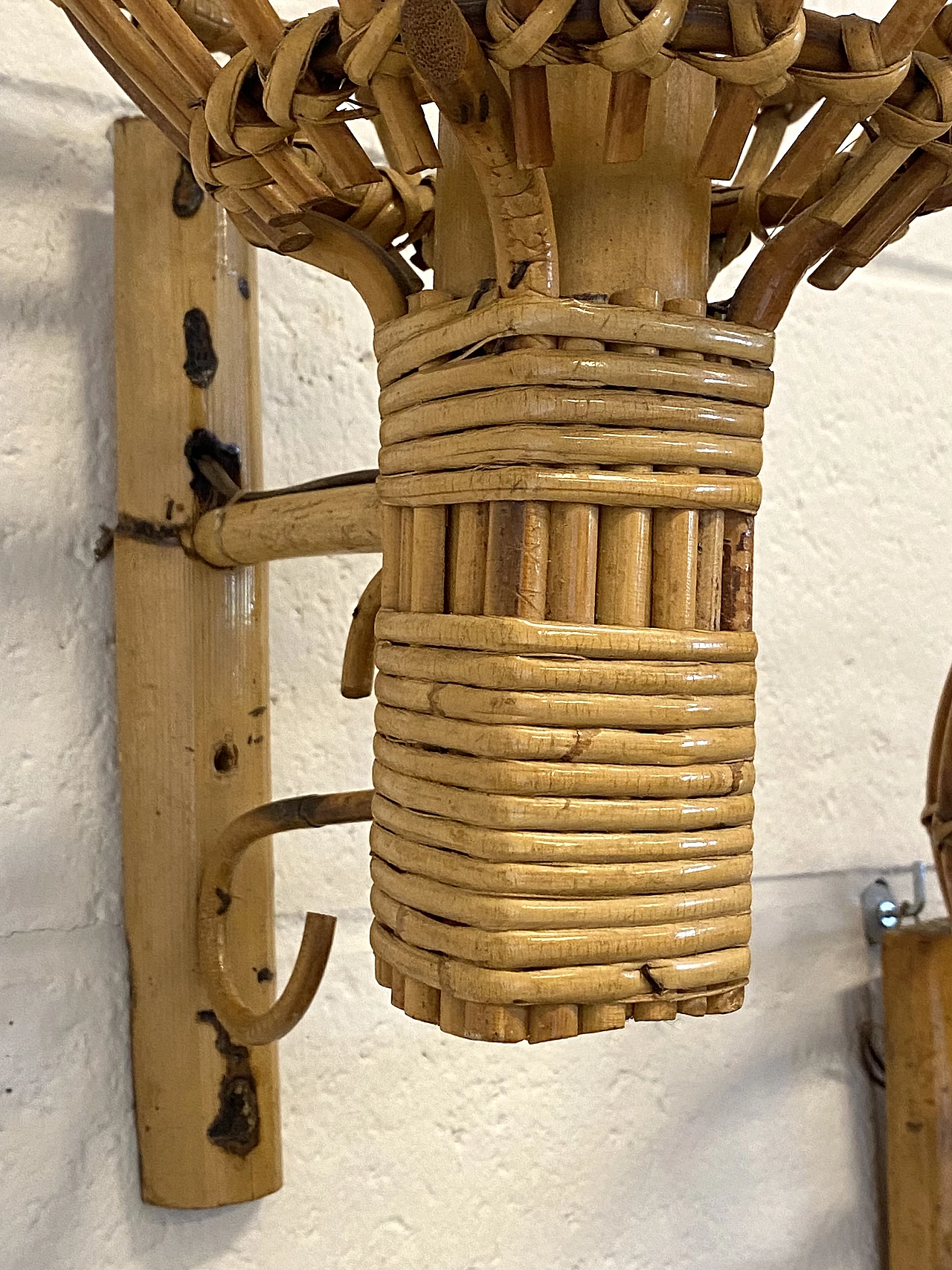 Pair of wicker and bamboo wall lamps, 1970s 8