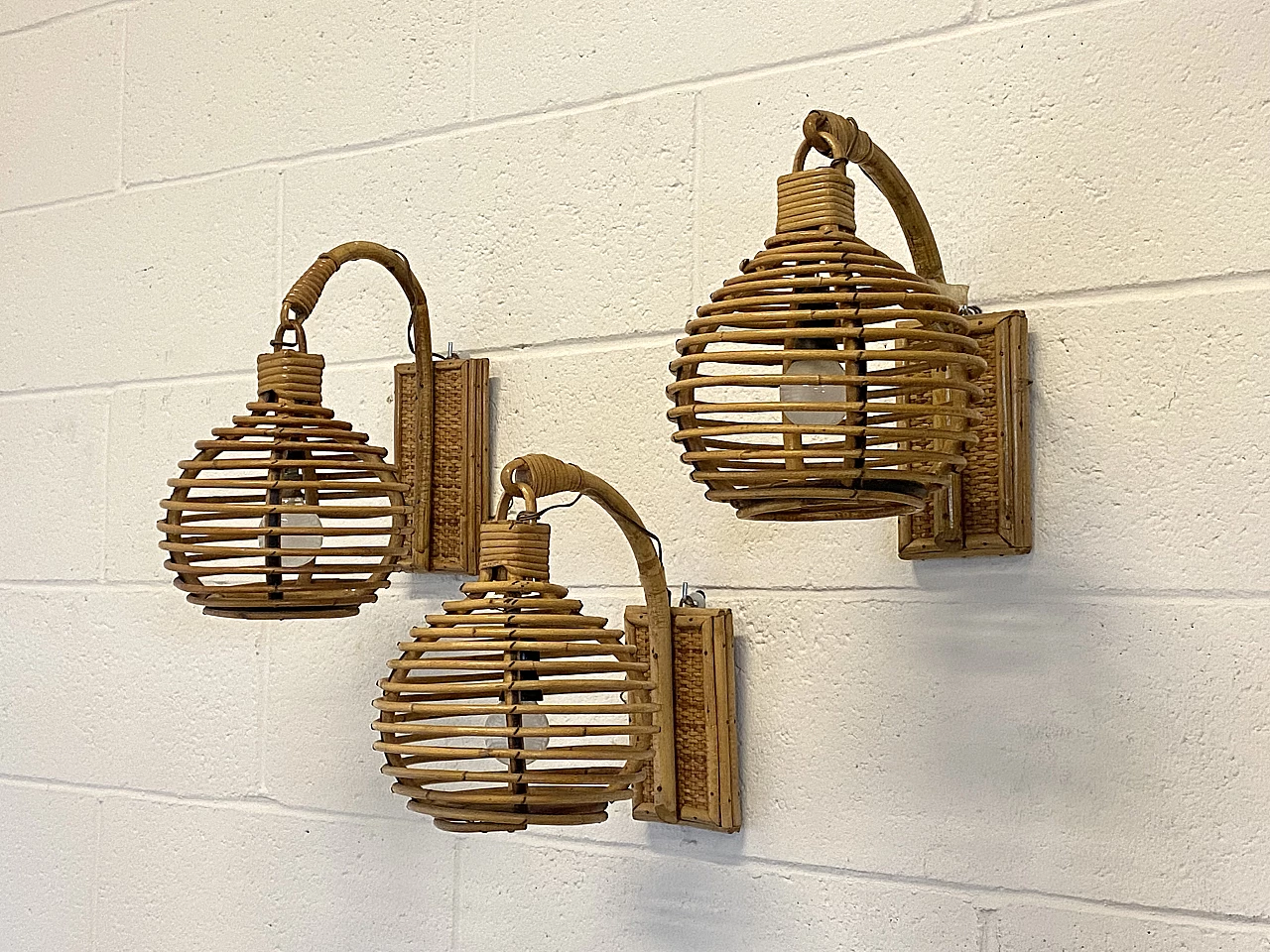3 Bamboo and wicker wall lamps, 1970s 2